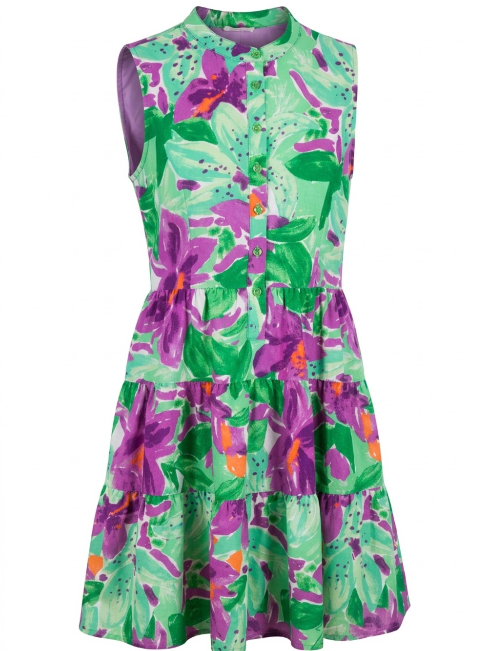 Kori Sleeveless Tiered Floral Midi Dress in Green and Purple